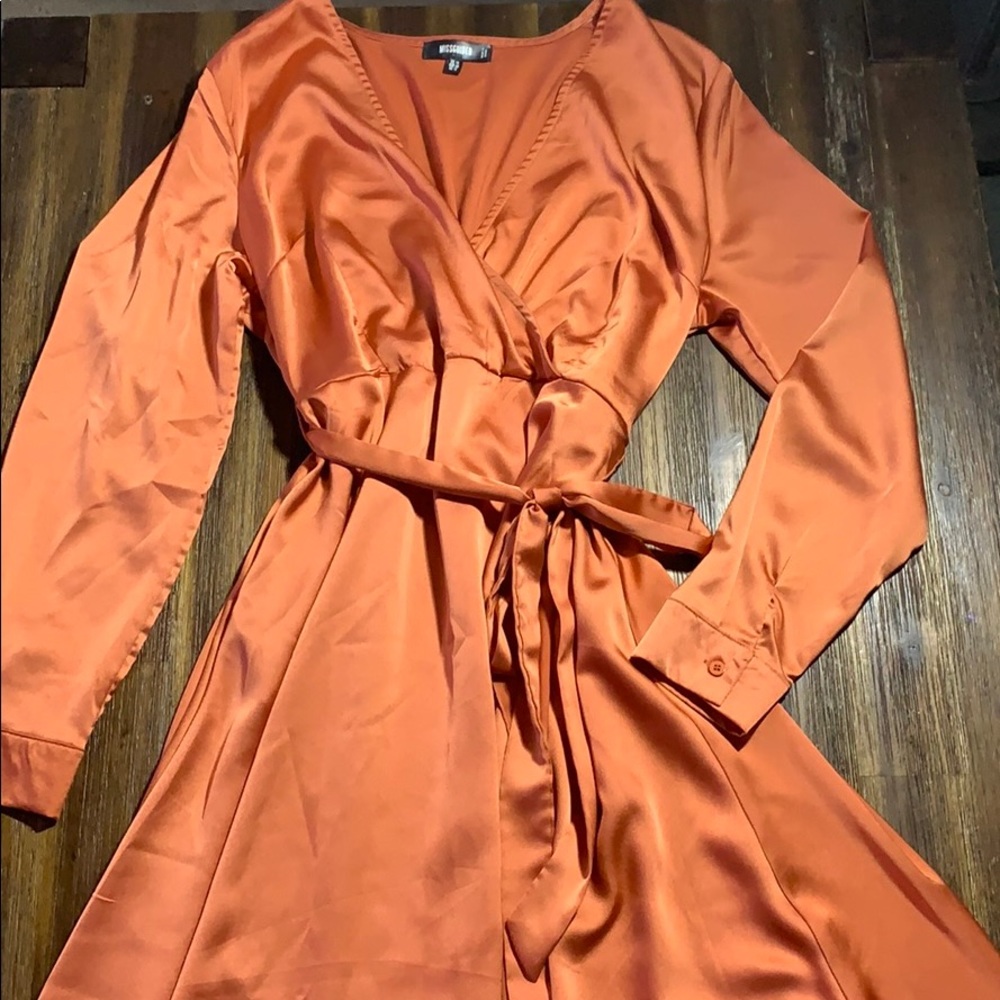 “Satin” Rust High Low Wrap Dress